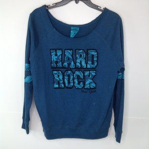 Hard Rock Cafe New York Off the Shoulder Sweater Women Medium Blue Long Sleeve